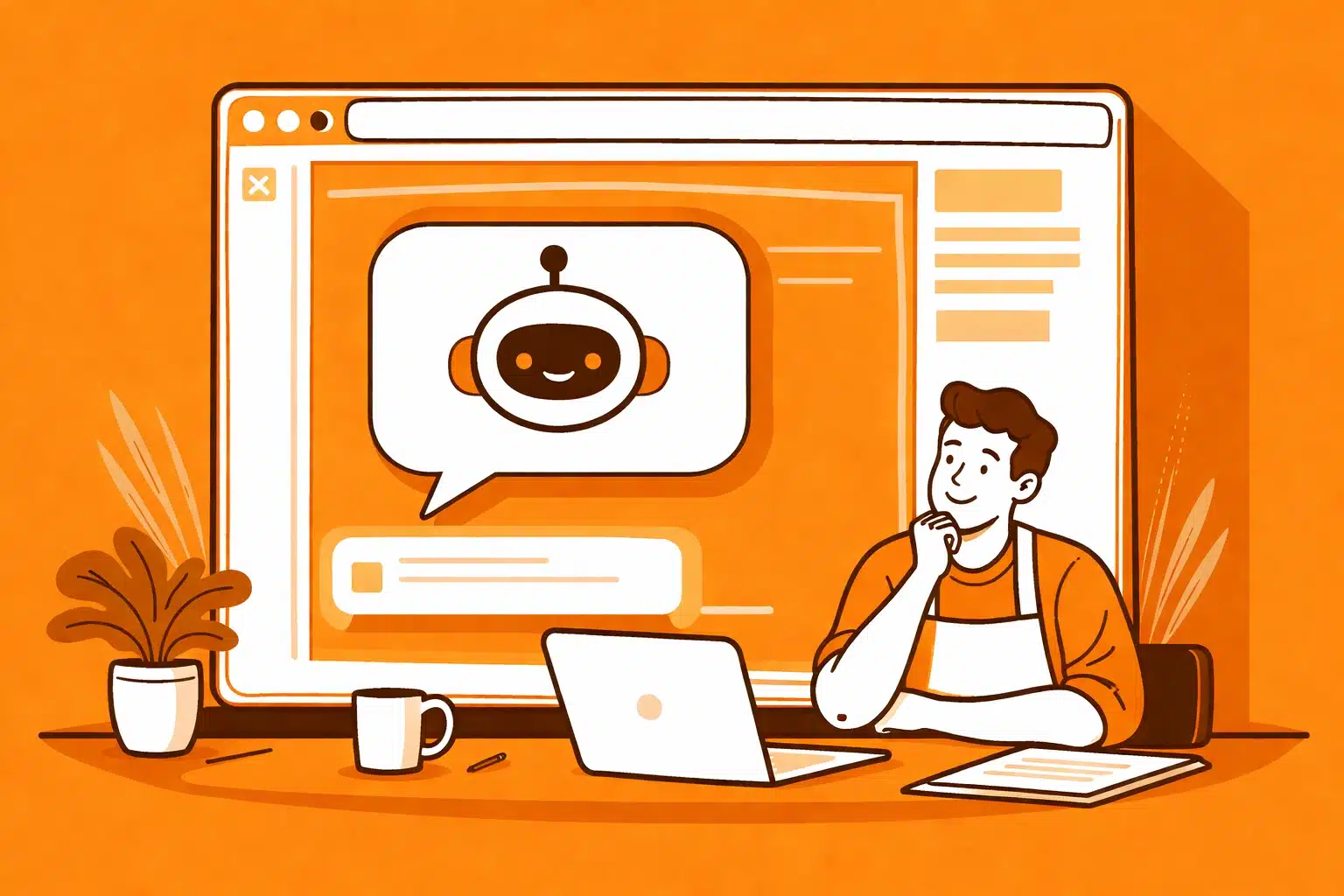Small business owner using an AI chatbot interface to handle customer questions