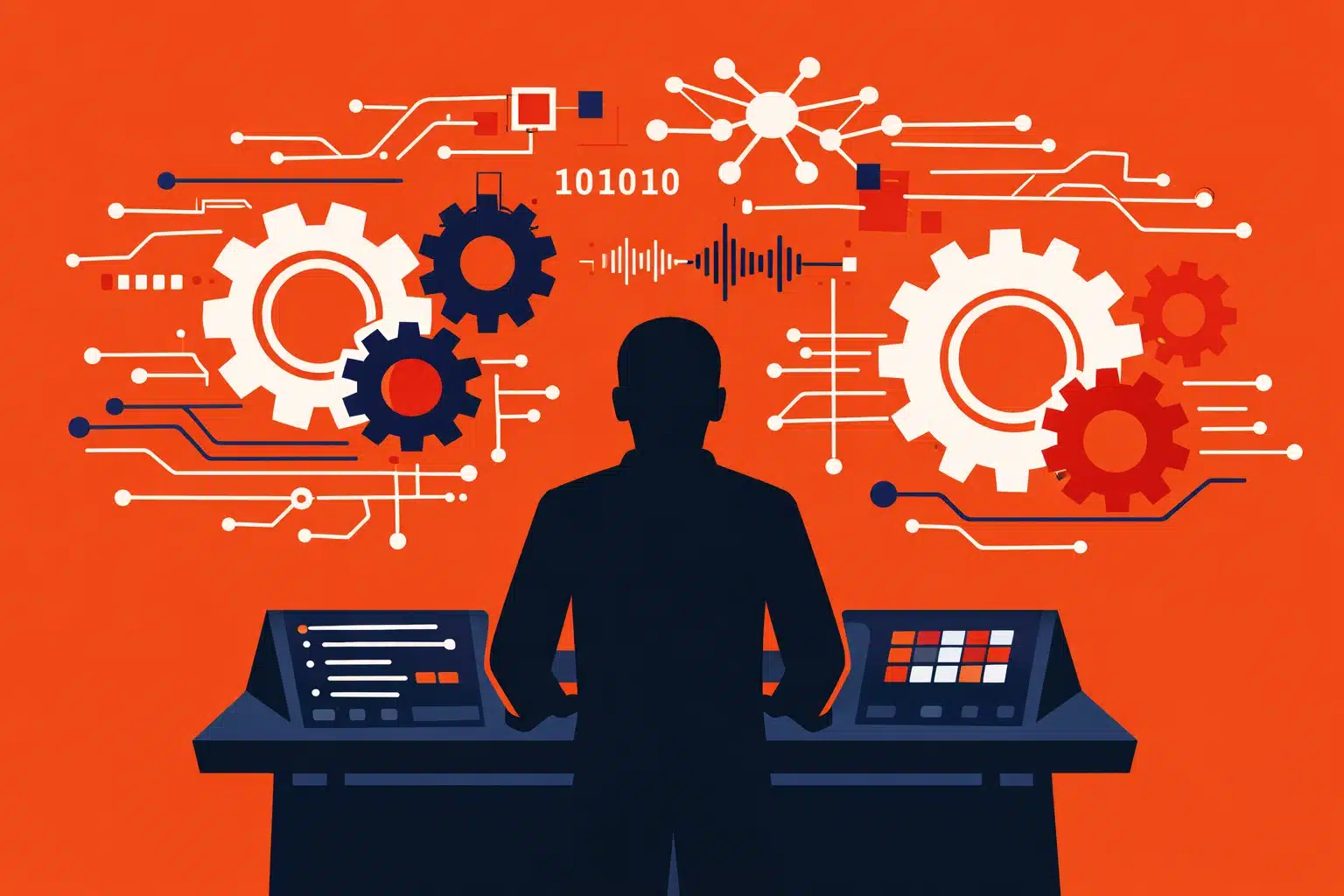 Founder orchestrating an AI-driven startup operating system at a digital console workspace.