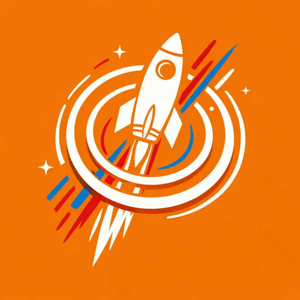 Rocket ship soaring through rings representing rapid startup growth and 10x development speed.